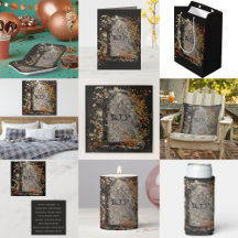 Gothic Vintage R.I.P. Headstone And Fall Leaves 