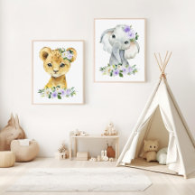 Jungle Animals, Purple Flowers Nursery Prints