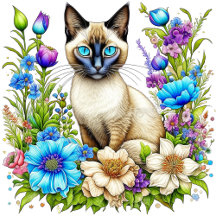 Siamese Cat in Blue and Purple Flowers