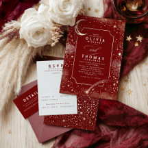 Burgundy Red Starry Night and Crescent Moon