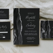 Black Silver Agate Script Dark Wedding Suite