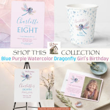 Blue Purple Watercolor Dragonfly Girl's Birthday
