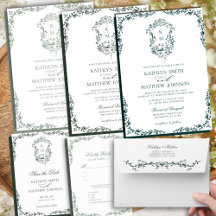 Sage Green Monogram Floral Vintage Crest Wedding