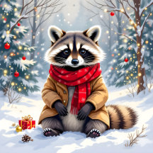 Cute Festive Whimsical Raccoon Christmas