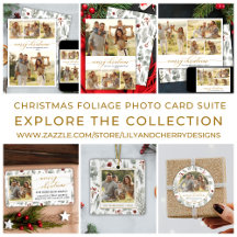 Christmas Foliage Greenery Gold Script Photo Cards