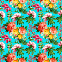 BRIGHT VINTAGE FLORAL BLOOMS ON AQUA BLUE