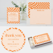 Groovy Retro Orange Abstract Checkerboard Wedding