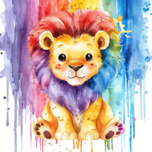 Cute Lion With Watercolor Rainbow Drips