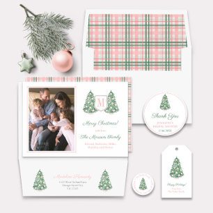 Preppy Pink Green Monogram Frohe Weihnachts-Foto Feiertagskarte