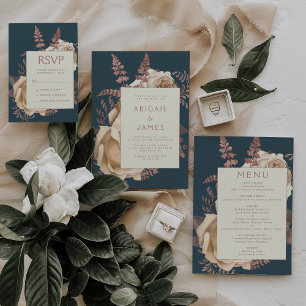 Elegante Flora Ivory Rose Gold Aquamarin Blue Wedd Einladung