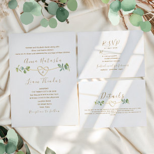 Elegantes Eukalyptus-Grün Gold Herz Hochzeit Einladung