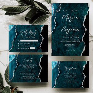 Moderne Tealblaue Achat-Silber-Schrift Hochzeit Einladung