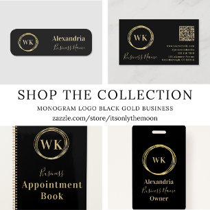 Modern Monogram Black Gold QR Code Visitenkarte