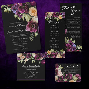 Black Dark Moody Elegant Floral Wedding Einladung