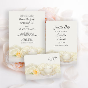 Teecup Blume mit weißer Rose Hochzeit Retten Sie d Save The Date