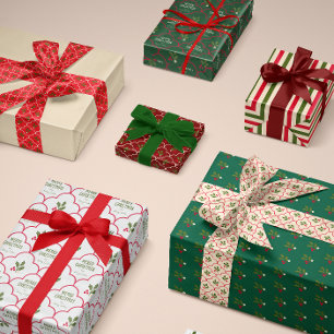 Red Scallop Holly Branch und Berries Weihnachten Satinband