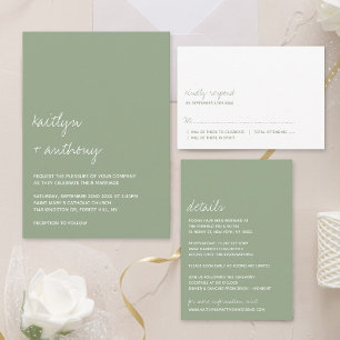 Moderne Script Sage Grüne Minimalistische Hochzeit All In One Einladung
