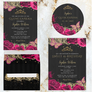 Budget Roses Black Quinceañera Einladung