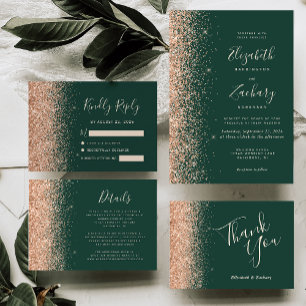 Peach Glitzer Emerald Green Wedding RSVP Karte
