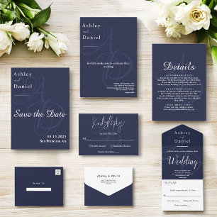 Minimal Navy Blue White Monogram Elegant Wedding Einladung