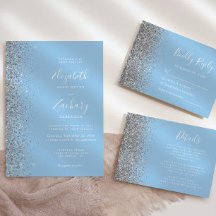 Pastel Baby Blue Silver Glitzer Hochzeitdetails Begleitkarte