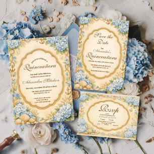 Vintage Coastal Hydrangea Quinceañera RSVP Karte