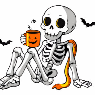 Gemütlicher Halloween-Skelett mit Kaffee- und Fled Tasche