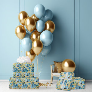 Elegantes Dusty Blue Gold Floral Rose Set von 3 Geschenkpapier Set