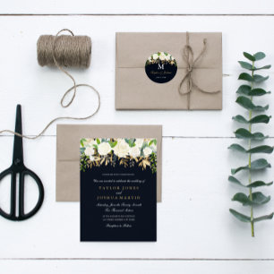 Einladung zur Hochzeit von Navy Gold Floral Water