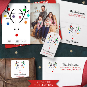 Modern Holiday Whimsical Reindeer Christmas Quadratischer Aufkleber