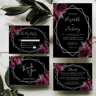 Burgundy Floral Silver Frame Black Wedding Einladung