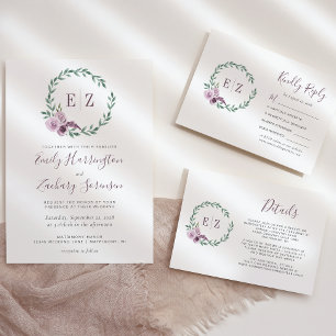 Monogramm-Lila-Blumenkranz-Hochzeitsdetails Begleitkarte