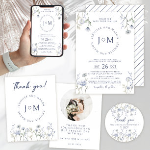 Elegante Hochzeitsfeier mit blauer Wildblume Einladung