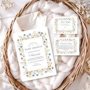 Goldene Blaue Wildblumen-Baby-Party Einladung