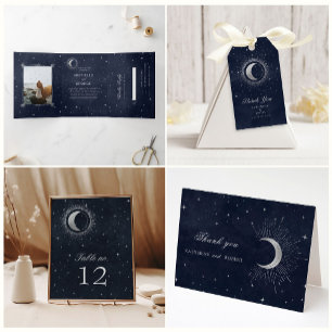 Celestial Silver Moon Tri Fold Wedding Einladung