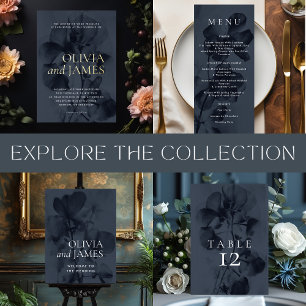 Dark Moody Blue Botanical Floral Wedding Tischnummer