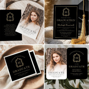 Monogram Wappen Black Gold Graduation Party Serviette