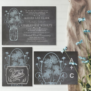 Dusty Blue Mason Jar Chalkboard Wedding Einladung