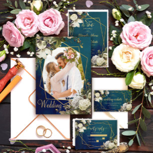 Moderne blumengoldene Smaragdgrüne Foto Hochzeit Einladung