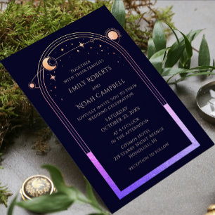 Mystical Rainbow Blue Sun Moon Stars Wedding Menükarte