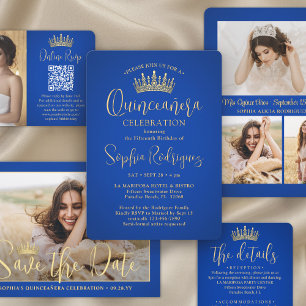 Einfach Elegant Quinceañera 3 Foto Royal Blue Gold Einladung