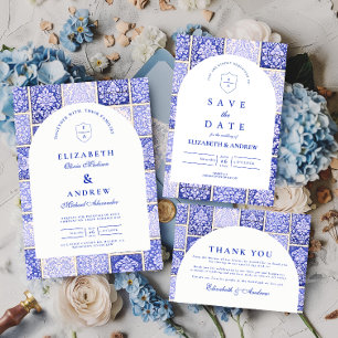 Klassische Blaue Porzellan-Patchwork-Hochzeit Save The Date