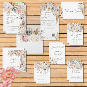 Boho Pampas & Pink Roses White Wedding Save The Date