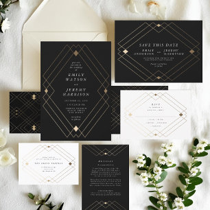 Gold Diamond Black Geometric Deko Gatsby Wedding Einladung