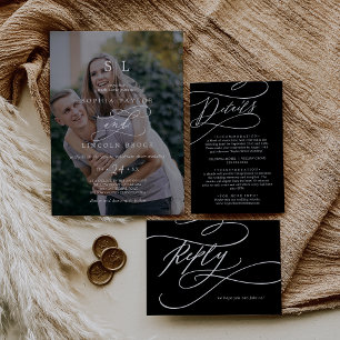 Romantische Kalligrafie Dunkle Foto-Monogramm-Hoch Einladung