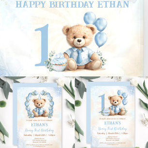 Teddy Bear 1. Geburtstag Blue Beige Baby T - Shirt