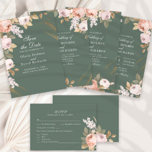 Boho Sage Green Peonies Wedding Registry Card Begleitkarte