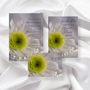 White Daisy and Pearls Wedding RSVP Replik Card Karte