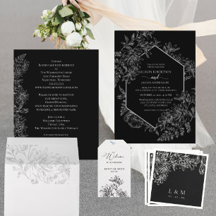 Elegante Schwarz-weiße botanische Hochzeit All In One Einladung