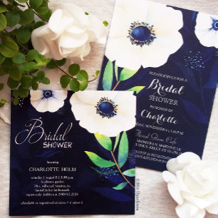 White Anemones Navy Blue Wedding Einladung